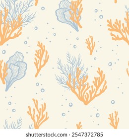 Underwater seamless pattern with repeated coral polyps, algae and seaweed. Aquatic colorful sketch ornament. Hand drawn marine flora and ocean wildlife print for textile, paper design, backgrounds.