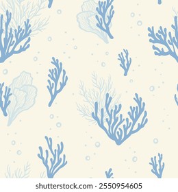 Underwater seamless pattern with repeated coral polyps, algae and seaweed. Aquatic colorful sketch ornament. Hand drawn marine flora and ocean wildlife print for textile, paper design, backgrounds.