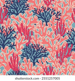 Underwater seamless pattern with repeated coral polyps, algae and seaweed. Aquatic colorful sketch ornament. Hand drawn marine flora and ocean wildlife print for textile, paper design, backgrounds.