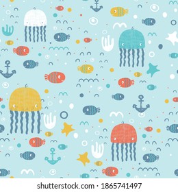   Underwater seamless  pattern  with  sea creatures. Hand drawn vector illustration.