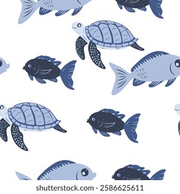 Underwater seamless pattern with sea and ocean animals on white background.