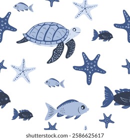 Underwater seamless pattern with sea and ocean animals on white background.