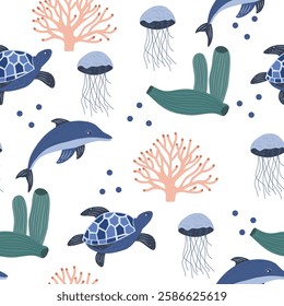 Underwater seamless pattern with sea and ocean animals on white background.