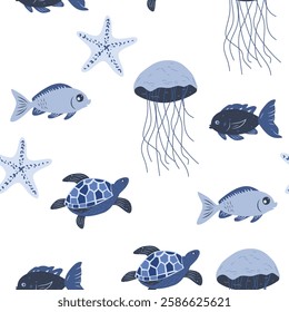 Underwater seamless pattern with sea and ocean animals on white background.