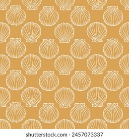 Underwater seamless pattern with seashell line art illustration in white color on yellow background. Scallop sketch, seashell line drawing. Summer beach ocean print for background, textile, fabric