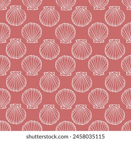 Underwater seamless pattern with seashell line art illustration in white color on pink background. Scallop sketch, seashell line drawing. Summer beach ocean print for background, textile, fabric