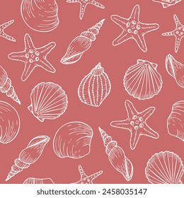 Underwater seamless pattern with seashell line art illustrations in white color on pink background. Scallop sketch, seashell line drawing. Summer ocean beach print for background, textile, fabric