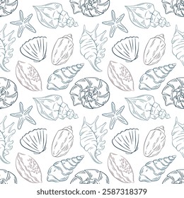 Underwater seamless pattern with seashell in line art style. Summer ocean, sea beach print for background, textile, fabric, card, seafood store, delivery on a white background.