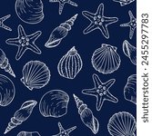 Underwater seamless pattern with seashells line art illustrations in white color on blue background. Scallop sketch, seashell line drawing. Summer ocean beach print for background, textile, fabric