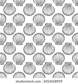 Underwater seamless pattern with seashells line art illustration in black color. Scallop sketch, seashell line drawing. Summer beach seaside print for background, textile, fabric, wrapping paper