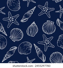 Underwater seamless pattern with seashells line art illustrations in white color on blue background. Scallop sketch, seashell line drawing. Summer ocean beach print for background, textile, fabric