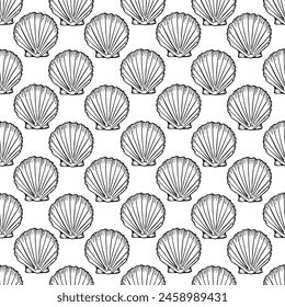 Patrón sin costuras bajo el agua con conchas ilustración de arte de línea en color negro. Boceto de vieira, dibujo de línea de concha. Estampado de playa de verano para el fondo, textil, tela, papel de embalaje