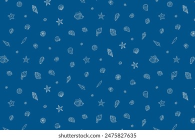 Underwater seamless pattern with seashells line art illustrations in white color on blue background.Ocean seashell, starfish spiral mollusk. Elements of water design repeat the ornament. 