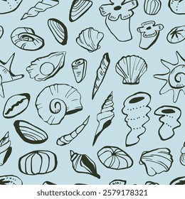 Underwater Seamless pattern: seashells, mollusks. Modern organic wild life doodles. Simple outline ink sketchy surface. Hand drawn sea, ocean coral reef vector texture. Naive childish style