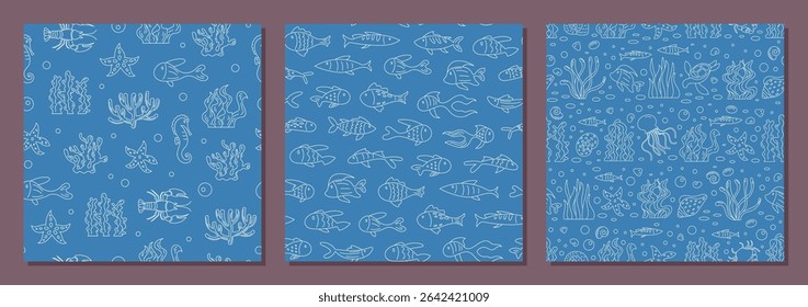 Padrão sem emenda subaquática definido com peixes, formas aquáticas e elementos marinhos em estilo de contorno e rabiscar. Fundo cartoon do oceano com vida marinha detalhes marinhos. Perfeito para projetos criativos,