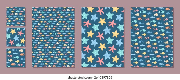 Underwater seamless pattern set with marine life. Vibrant background featuring cartoon fish and starfish. Flat aquatic design, colorful ocean theme, versatile for summer projects and creative graphic