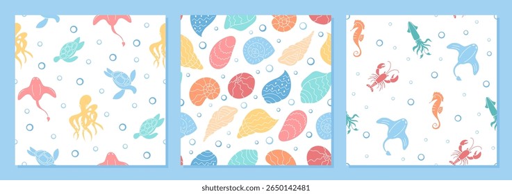 Padrão sem emenda subaquático definido em um estilo gráfico de desenho animado marinho. Apresentando criaturas aquáticas como tartaruga, concha, cavalo-marinho, caranguejo e camarão. Elementos vibrantes da vida marinha melhoram o verão