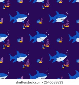 Underwater Seamless Pattern. Shark, Plant algae and coral on dark Blue Background. Vector Illustration in flat style 