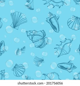 Underwater seamless pattern with shells and bubbles. Summertime vacations and traveling concept. Eps 10 vector illustration.