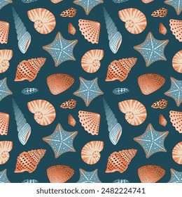 Underwater seamless pattern with shells and starfish on a turquoise background. Vector drawing of ocean inhabitants. Simple ocean beach print for wallpaper, gift wrap, textile. Nautical background