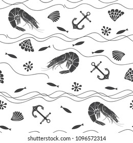  Underwater seamless  pattern with shrimps on white background. Monochrome vector Illustration.