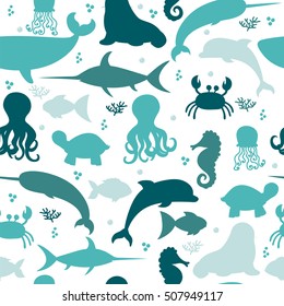 Underwater seamless pattern with silhouettes fishes, octopus, crab, walrus, jellyfish, dolphin, seahorse, turtle and whale. Sea life. Vector illustration