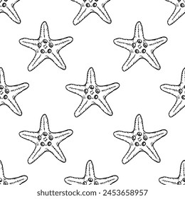 Underwater seamless pattern with starfish line art illustration in black color. Hand drawn sea star sketch, seashell drawing. Summer beach seaside print for background, textile, fabric, wrapping paper