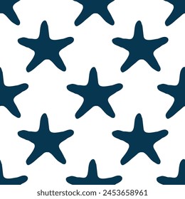 Underwater seamless pattern with starfish silhouette illustration in blue color. Sea star sketch, seashell drawing. Summer beach seaside print for background, textile, fabric, wrapping paper