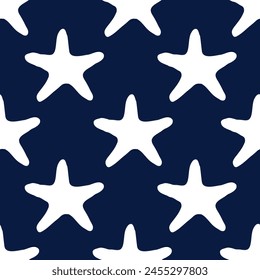 Underwater seamless pattern with starfish silhouette illustration in white color on blue background. Sea star sketch, seashell drawing. Summer ocean beach seaside print for background, textile, fabric
