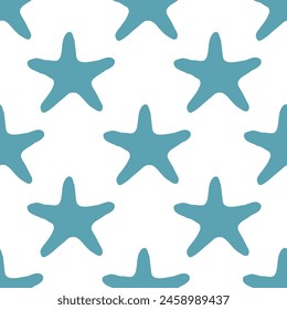 Underwater seamless pattern with starfish silhouette illustration in blue color. Sea star sketch, seashell drawing. Summer beach seaside print for background, textile, fabric, wrapping paper