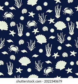 Underwater seamless pattern. Tropical marine wild life corals, shells, crabs and starfishes background. Vector and illustration design.
