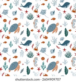 Underwater seamless pattern. Turtle, octopus, fish, coral, seahorse, algae, stingray. Pattern for cards, invitations, designs in nautical style