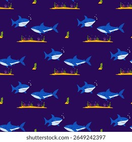 Padrão Subaquático Sem Costura. Dois tubarões animais selvagens com algas e fundo marinho arenoso no fundo azul escuro. Ilustração de vetor em estilo plano