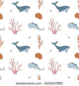 Underwater seamless pattern. Whale, fish, coral, algae. Pattern for cards, invitations, designs in nautical style