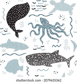 Underwater seamless pattern with whale, squid, fish, turtle and shark on white background. Hand drawn repeat pattern for wrapping, fabrik, textile or paper projects. Vector illustration.   