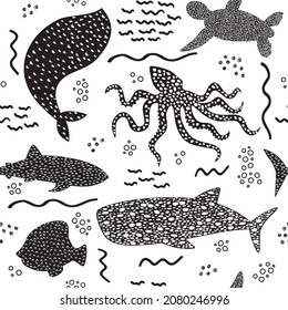Underwater seamless pattern with whale, squid, fish, turtle and shark in black and white background. Hand drawn repeat pattern for wrapping, fabrik, textile or paper projects. Vector illustration.   