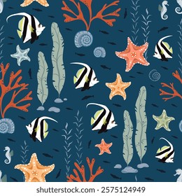 Underwater seamless vector pattern with bright longfin bannerfish, seahorses, colorful starfishes and seaweeds