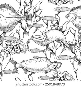 Underwater seamless vector pattern with sockeye fish, coral reefs, and seaweed. Ocean life black white repeated texture hand drawn. Monochrome marine background for fabric, packaging, scrapbooking.