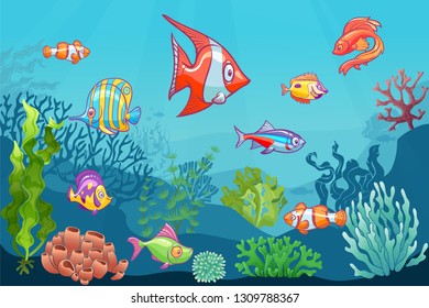 Underwater seascape. Cartoon aquatic sea wild life on bottom background. Fish clown coral seaweed kid vector set