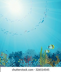 Underwater seascape - coral reef and silhouette of fish on a blue sea background. Nature vector illustration.