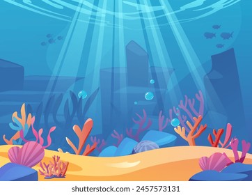 Underwater seascape with diverse marine life. Vector illustration of seabed featuring sandy, vibrant corals, rocks, and a variety of fish amidst bubbles.