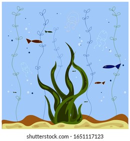 Underwater seascape image of the seabed with algae, fish and jellyfish drawn in vector
