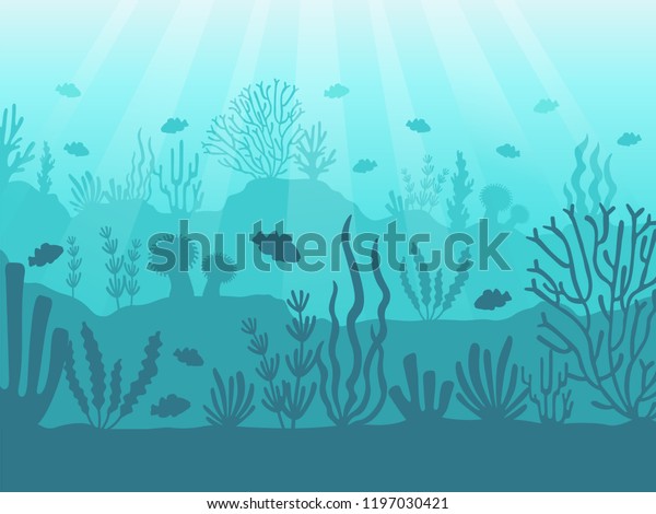 水中の海景 深海の海底に沈み 水中を泳ぐ海礁 海中海洋生物の青の漫画の背景に海産サンゴと海藻 ベクターイラスト のベクター画像素材 ロイヤリティフリー