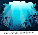 Underwater seascape with ocean creatures. Vector illustration with underwater cave, mountains, coral reef and seaweed. Marine life. 