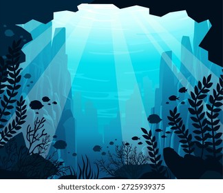 Paisaje marino submarino con criaturas oceánicas. Ilustración vectorial con cueva submarina, montañas, arrecife de coral y algas. Vida marina. 