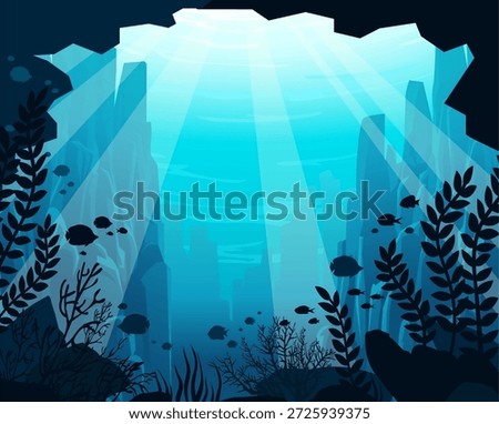 Underwater seascape with ocean creatures. Vector illustration with underwater cave, mountains, coral reef and seaweed. Marine life. 