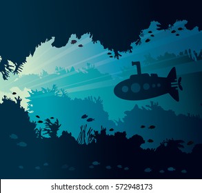 Underwater seascape with silhouette of submarine, coral reef, fishes and underwater cave. Natural vector illustration and marine life.