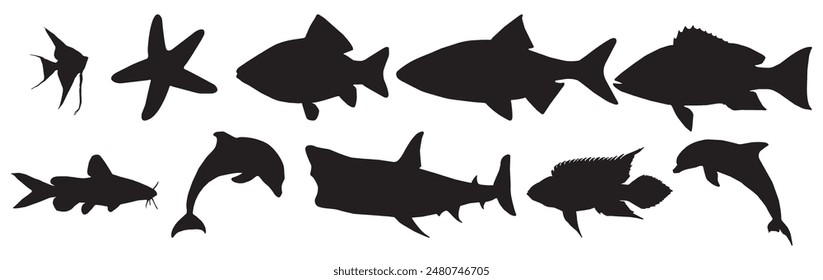 Underwater seascape. Silhouettes of sea fish, sharks, Ocean life, marine nature, flora and fauna. Vector illustration.