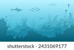 Underwater seascape vector illustration. Deep sea silhouette with fish and coral reef. Undersea landscape for illustration, background or wallpaper