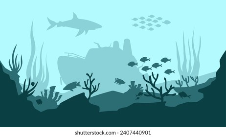 Underwater seascape vector illustration. Deep sea landscape with shipwreck, fish and coral reef. Undersea landscape for illustration, background or wallpaper